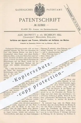 original Patent - Alec Browett , Highbury Hill , Middlesex England , 1885 , Anfeuchten und Aufkleben von Brief - Marken