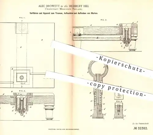 original Patent - Alec Browett , Highbury Hill , Middlesex England , 1885 , Anfeuchten und Aufkleben von Brief - Marken