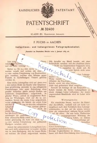 original Patent - F. Fuchs in Aachen , 1885 , Inductions- und ladungsloses Telegraphenkabel !!!