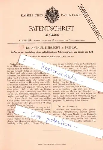 original Patent - Dr. Arthur Liebrecht in Breslau , 1896 , Herstellung eines gebäckähnlichen Nährpräparates !!!