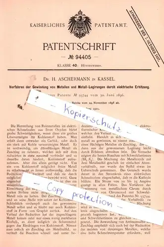 original Patent - Dr. H. Aschermann in Kassel , 1896 ,  Verfahren zur Gewinnung von Metallen und Metall-Legirungen !!!