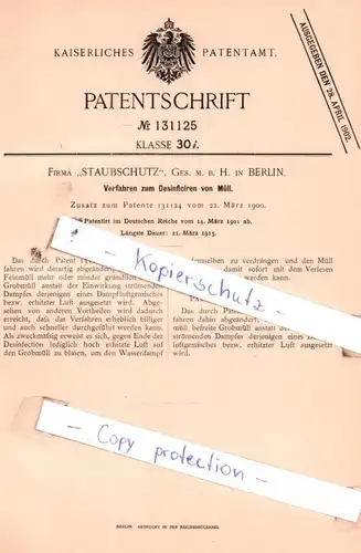 original Patent - Firma " Staubschutz", Ges. m. b. H. in Berlin , 1900 , Verfahren zum Desinficiren von Müll !!!
