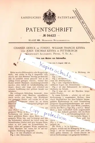 original Patent - C. Derick de Forest, W. F. Kenna und John T. Kenna in Pittsburgh , 1896 , Walzen von Rohrmuffen !!!