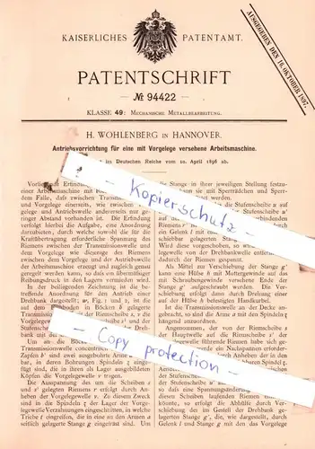 original Patent - H. Wohlenberg in Hannover , 1896 , Mechanische Metallverarbeitung !!!