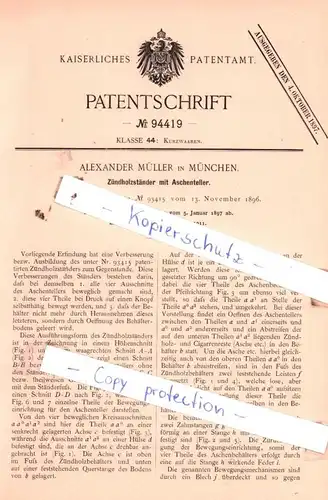 original Patent - Alexander Müller in München , 1897 ,  Zündholzständer mit Aschenteller !!!