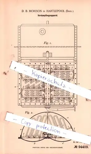 original Patent - D. B. Morison in Hartlepool , Engl. , 1896 , Verdampfungsapparat !!!