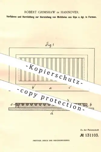 original Patent - Robert Grimshaw , Hannover , 1901 , Welldielen aus Gips | Wellplatten , Maler , Dekoration , Formerei