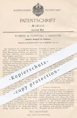 original Patent - Wübbens & Voswinkel , Hannover , 1901 , Lösbarer Handgriff für Plätteisen | Bügeleisen , Bügeln !!