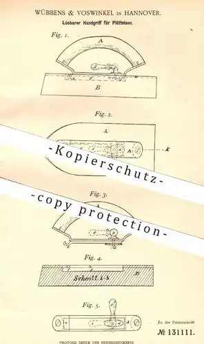 original Patent - Wübbens & Voswinkel , Hannover , 1901 , Lösbarer Handgriff für Plätteisen | Bügeleisen , Bügeln !!