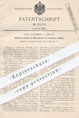original Patent - Emil Lundberg , Berlin , 1901 , Antrieb für Wendeanlasser bei elektrischem Aufzug | Fahrstuhl !!