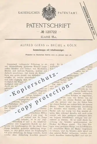 original Patent - Alfred Giers , Brühl / Köln , 1900 , Sammelmappe mit Inhaltsanzeiger | Mappe , Ordner , Papier , Büro
