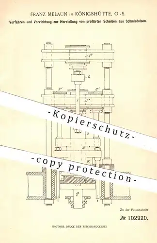 original Patent - Franz Melaun , Königshütte , Schlesien , 1898 , Profil - Scheiben aus Schmiedeeisen | Schmied , Eisen