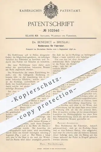 original Patent - Dr. Benedict , Breslau , 1898 , Notbremse für Fahrräder | Bremse für Fahrrad | Bremsen , Radfelge