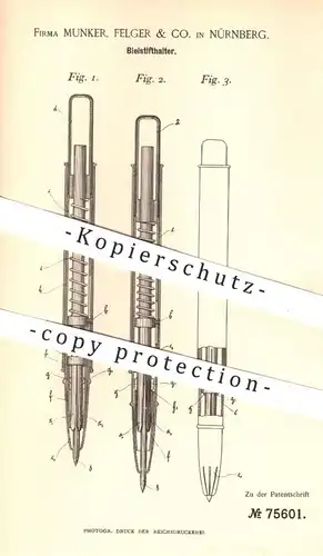 original Patent - Munker, Felger & Co. , Nürnberg , 1893 , Bleistifthalter | Bleistift , Stift , Füllhalter , Schule !!