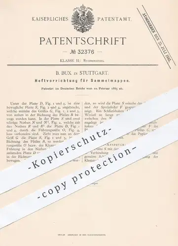 original Patent - B. Bux , Stuttgart , 1885 , Heftvorrichtung für Sammelmappen | Mappe , Ordner , Papier , Büromaterial