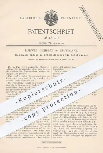original Patent - Ludwig Gühring , Stuttgart , 1888 , Klemmvorrichtung an Arbeitsständern für Schumacher , Schuster !!