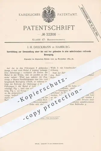 original Patent - J. H. Dreckmann , Hamburg , 1884 , Umwandlung in rotierende Bewegung | Rotation , Maschinen , Motor !!