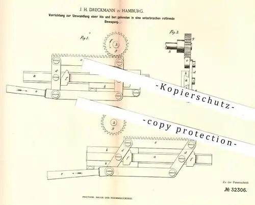 original Patent - J. H. Dreckmann , Hamburg , 1884 , Umwandlung in rotierende Bewegung | Rotation , Maschinen , Motor !!