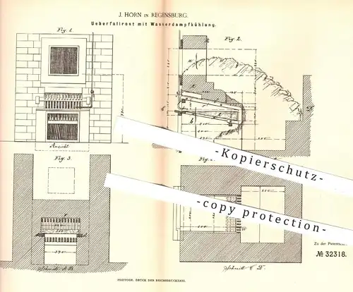 original Patent - J. Horn , Regensburg , 1885 , Überfallrost mit Wasserdampfkühlung | Rost , Ofenrost , Ofen , Feuerung
