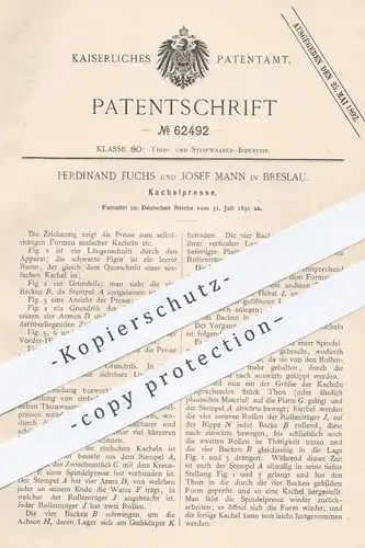 original Patent - Ferdinand Fuchs u. Josef Mann , Breslau , 1891 , Kachelpresse | Presse für Kacheln | Ton , Pressen !