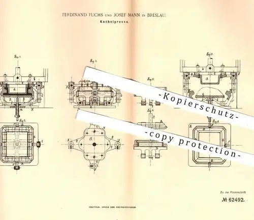 original Patent - Ferdinand Fuchs u. Josef Mann , Breslau , 1891 , Kachelpresse | Presse für Kacheln | Ton , Pressen !