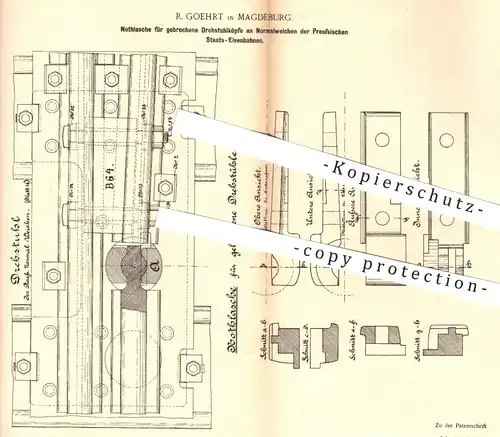 original Patent - R. Goehrt , Magdeburg 1891 , Notlasche für gebrochene Drehstuhlköpfe an Weichen | Preussen - Eisenbahn