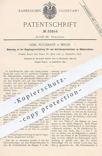 original Patent - Gebr. Nothmann in Berlin , 1885 , Kupplung für den Antrieb an Nähmaschinen | Schneider , Nähen !!