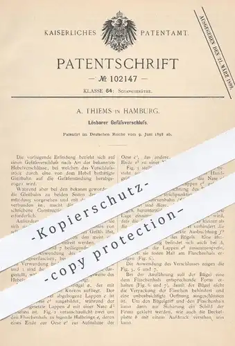 original Patent - A. Thiems , Hamburg , 1898 , Lösbarer Gefäß - Verschluss | Flasche , Fass , Ausschank , Zapfanlage !!