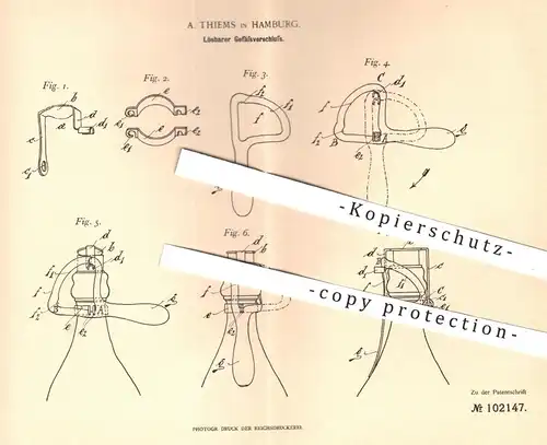 original Patent - A. Thiems , Hamburg , 1898 , Lösbarer Gefäß - Verschluss | Flasche , Fass , Ausschank , Zapfanlage !!