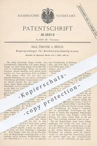 original Patent - Max Preusse , Berlin , 1888 , Papier - Bogengradleger für Buchdruckschnellpressen | Buchdruck , Presse