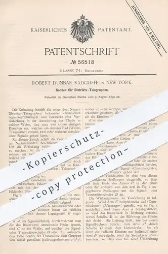 original Patent - Robert Dunbar Radcliffe , New York 1890 , Sender für Distrikts - Telegraphen | Telegraph , Transmitter