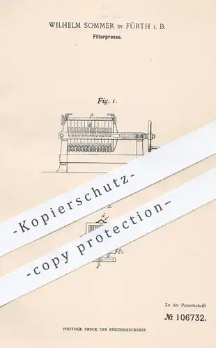 original Patent - Wilhelm Sommer in Fürth , 1899 , Filterpresse | Filter - Presse | Pressen , Filtrieren , Filtern !!