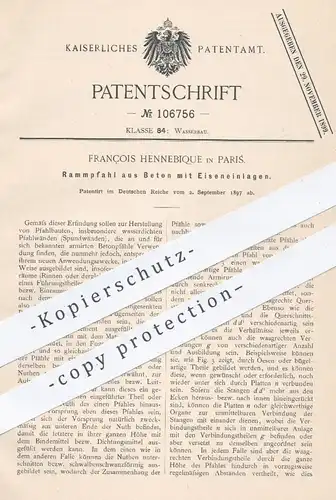 original Patent - François Hennebique , Paris , 1897 , Rammpfahl aus Beton mit Eiseneinlagen | Pfeiler , Eisen , Stahl