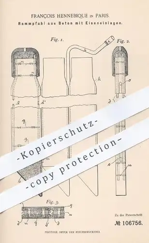 original Patent - François Hennebique , Paris , 1897 , Rammpfahl aus Beton mit Eiseneinlagen | Pfeiler , Eisen , Stahl