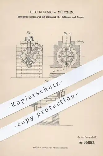 original Patent - Otto Klaunig , München , 1885 , Vakuum - Trockner mit Rührwerk für Schlempe u. Treber | Kessel !!