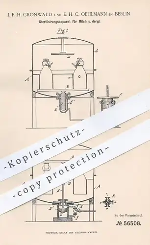 original Patent - J. F. H. Gronwald , E. H. C. Oehlmann , Berlin 1890 , Sterilisierung von Milch | Nahrung Sterilisieren