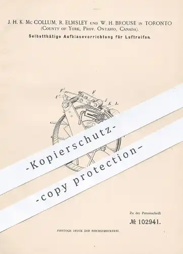 original Patent - J. H. K. Mc Collum , R. Elmsley , W. H. Brouse , Toronto , Kanada , 1898 , Aufblasen der Luftreifen !!