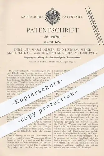 original Patent - Wassermesser- u. Eisenbau - Werke AG Breslau | H. Meinecke , 1899 , Geschwindigkeits- Wassermesser !!