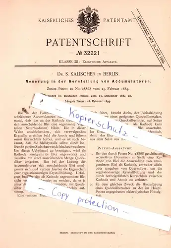 original Patent - Dr. S. Kalischer in Berlin , 1884 , Neuerung in der Herstellung von Accumulatoren !!!