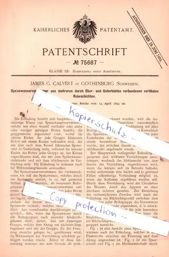 original Patent - James G. Calvert in Gothenburg , Schweden , 1893 ,  Speisewasservorwärmer !!!