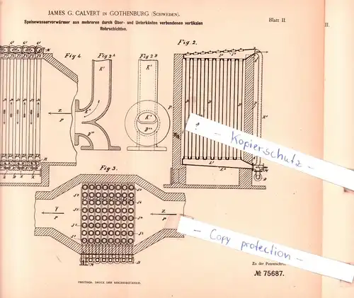 original Patent - James G. Calvert in Gothenburg , Schweden , 1893 ,  Speisewasservorwärmer !!!