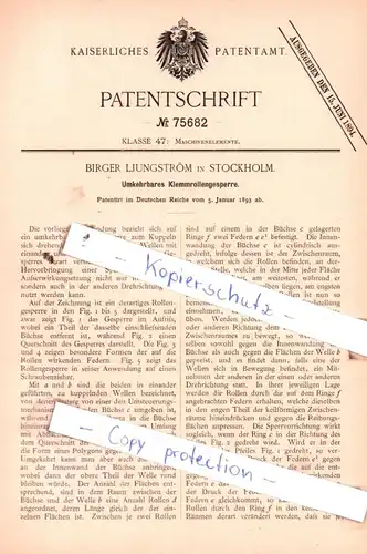 original Patent - Birger Ljungström in Stockholm , 1893 , Umkehrbares Klemmrollengesperre !!!