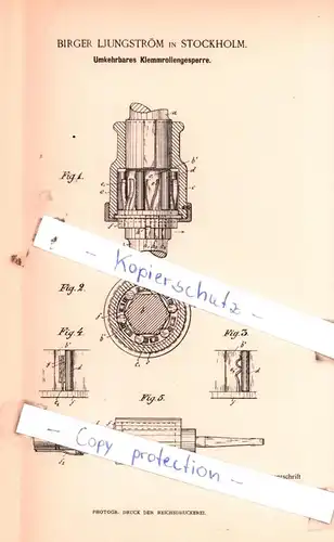 original Patent - Birger Ljungström in Stockholm , 1893 , Umkehrbares Klemmrollengesperre !!!