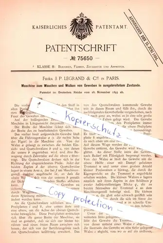 original Patent - Firma J. P. Legrand & Cie in Paris , 1893 , Maschinen zum Waschen und Walken von Geweben !!!