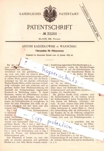 original Patent - Antoni Kadzidlowski in Warschau , 1885 , Filterplatten für Filterpressen !!!