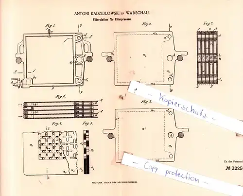 original Patent - Antoni Kadzidlowski in Warschau , 1885 , Filterplatten für Filterpressen !!!