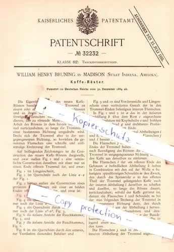 original Patent - W. H. Bruning in Madison , Staat Indiana, Amerika , 1884 , Kaffe-Röster !!!