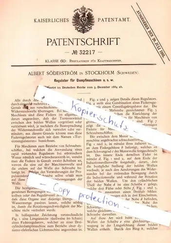 original Patent - Albert Söderström in Stockholm , Schweden , 1884 , Regultor für Dampfmaschinen u. s. w. !!!