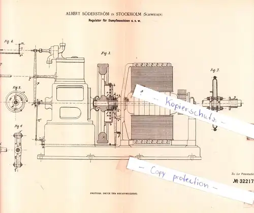 original Patent - Albert Söderström in Stockholm , Schweden , 1884 , Regultor für Dampfmaschinen u. s. w. !!!