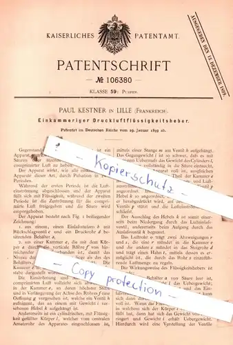 original Patent - Paul Kestner in Lille , Frankreich , 1899 , Einkammeriger Druckluftflüssigkeitsheber !!!